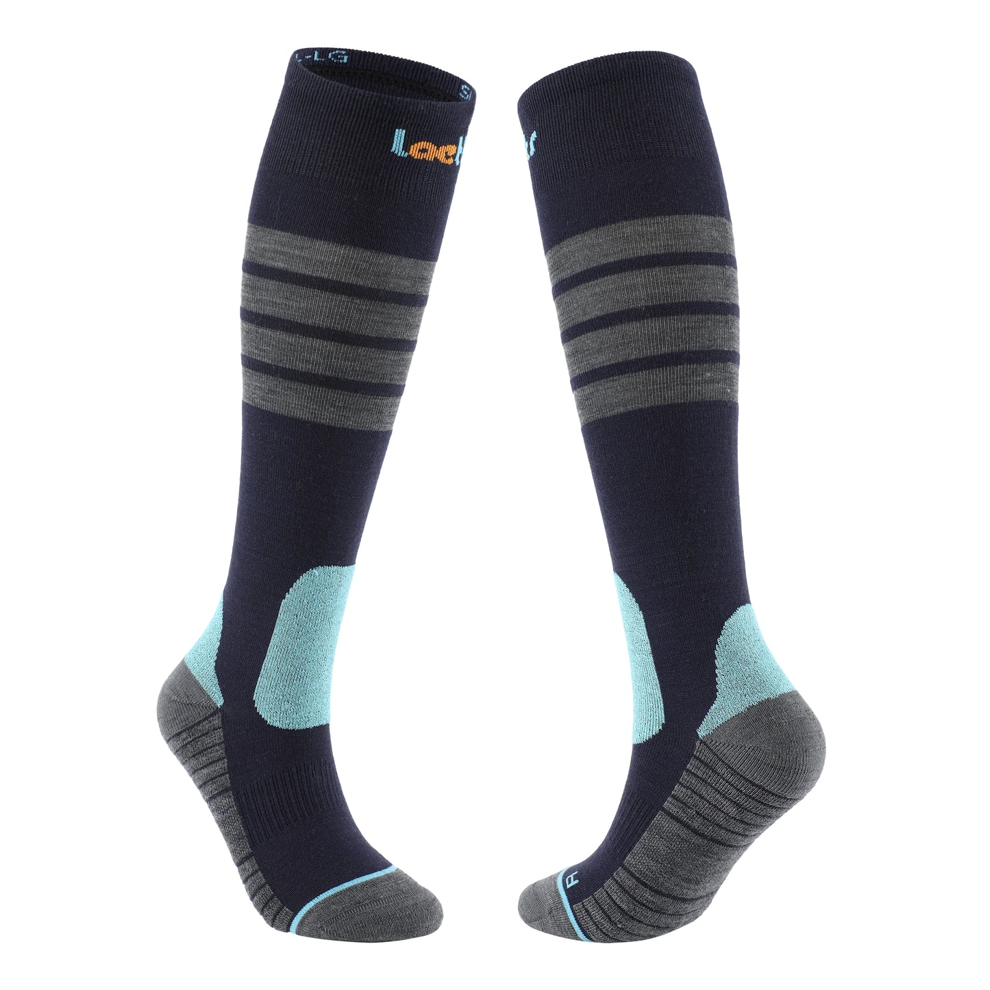 Laetts ultralight OTC men’s ski socks with Merino wool, patent-allowed HygroHeat™ thermal technology, and BootGlide™ easy boot entry system, angled product display.