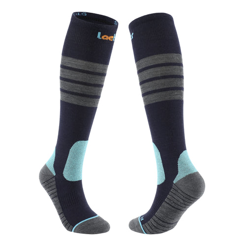 Laetts ultralight OTC men’s ski socks with Merino wool, patent-allowed HygroHeat™ thermal technology, and BootGlide™ easy boot entry system, angled product display.