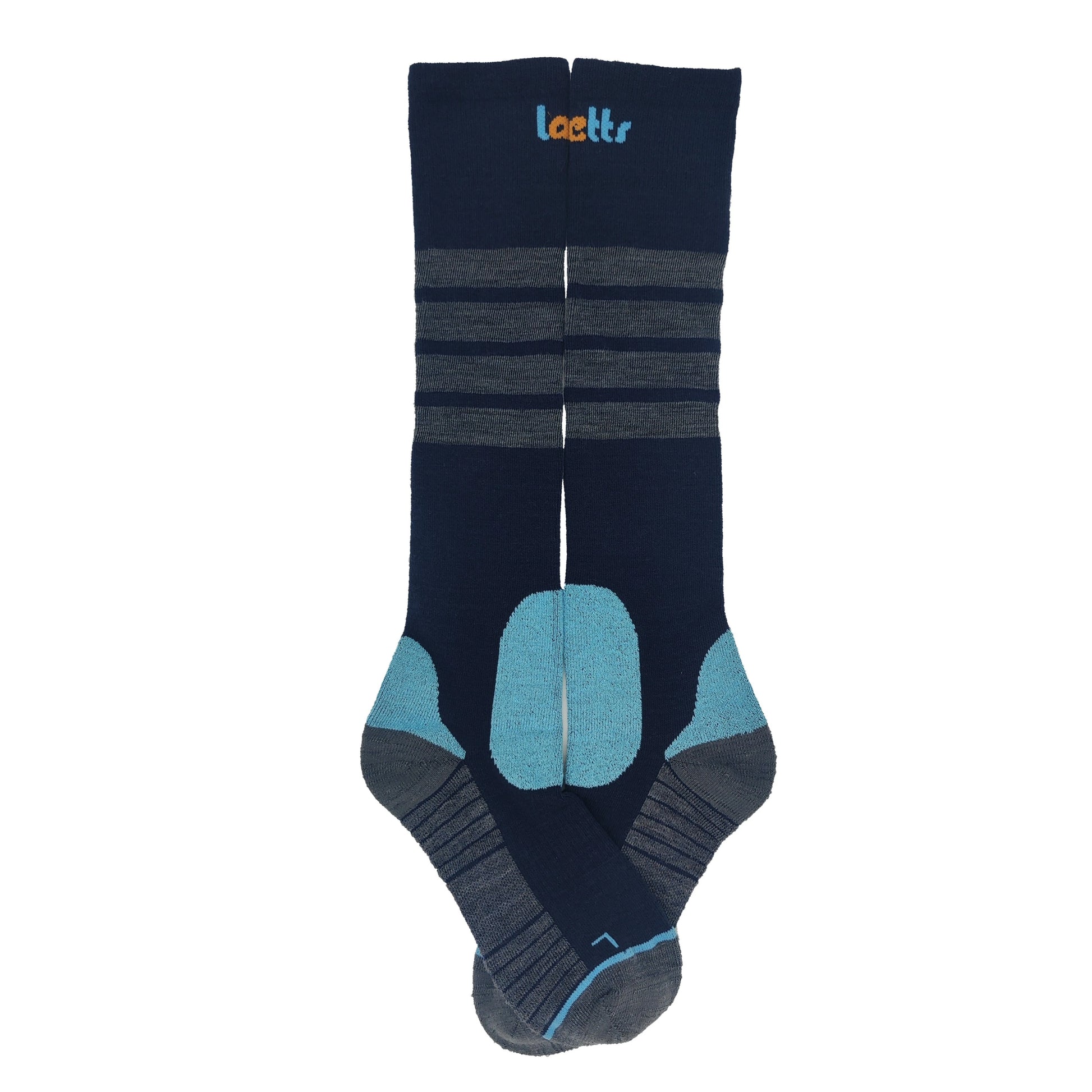 Flat lay of Laetts ultralight over-the-calf men’s ski socks in navy with turquoise and gray accents, featuring patented BootGlide™ low-friction zones, HygroHeat™ thermal technology, and Merino wool construction.