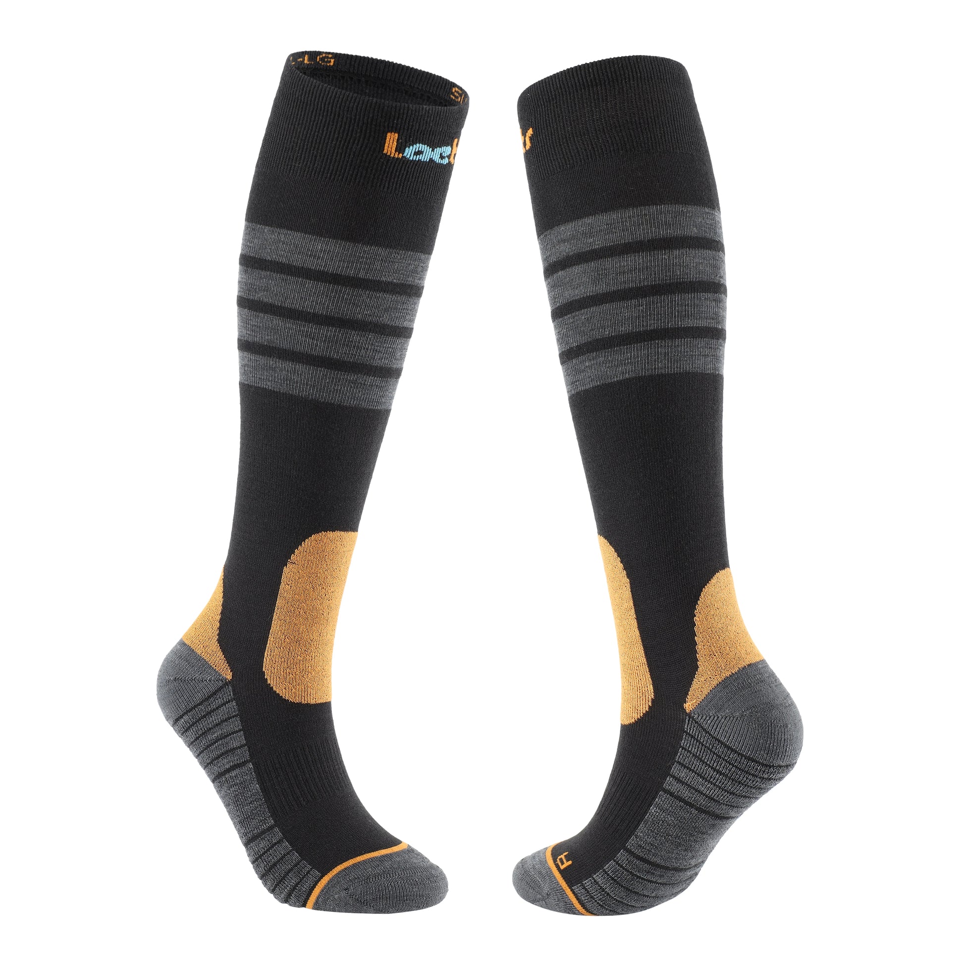 Side-by-side product view of Laetts ultralight over-the-calf men’s ski socks in black with gray stripes and orange BootGlide™ zone, designed with patented BootGlide™ low-friction panels, HygroHeat™ warmth technology, and Merino wool for lightweight thermal performance.