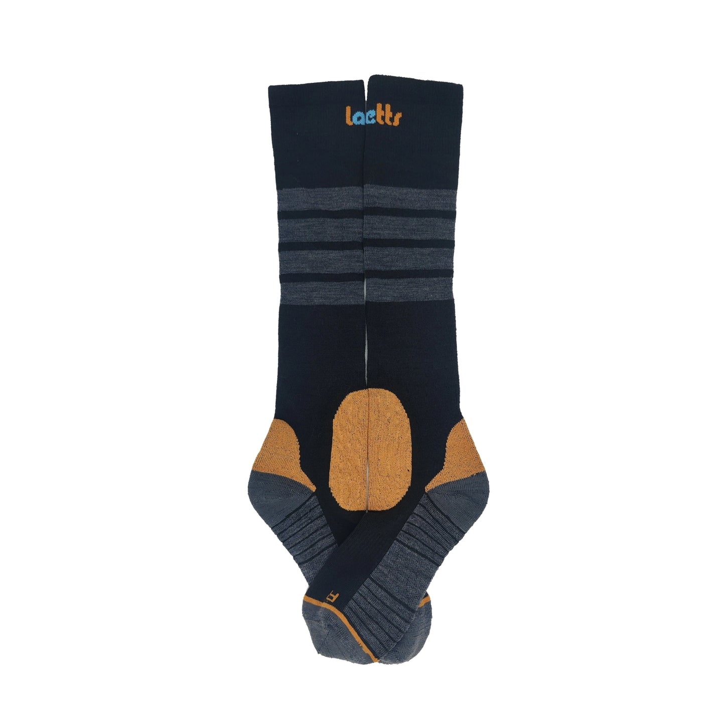 Flat lay of Laetts ultralight OTC men’s ski socks featuring patented BootGlide™ zones in orange, gray cushioning at the heel and toe, and navy body with horizontal gray stripes near the cuff. Includes HygroHeat™ warmth technology and a Merino wool blend.