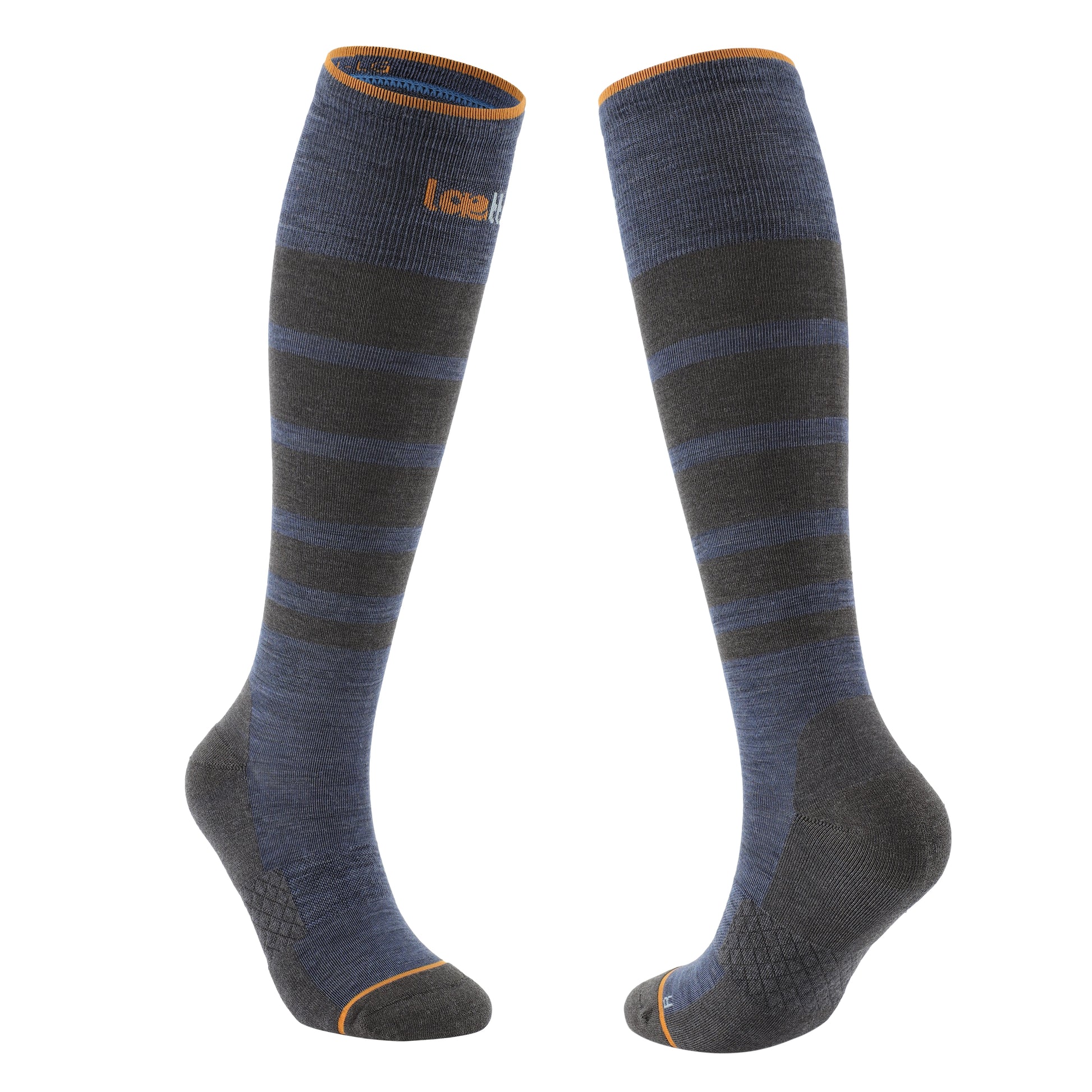 Laetts men’s ultralight ski socks, over-the-calf length, featuring Merino wool with patented HygroHeat™ warmth technology and light cushion on the sole for improved comfort inside ski boots; shown in blue and charcoal stripe design.