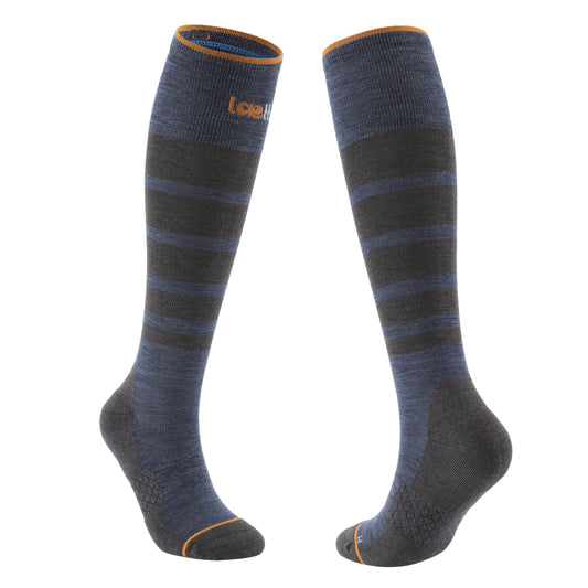 Laetts men’s ultralight ski socks, over-the-calf length, featuring Merino wool with patented HygroHeat™ warmth technology and light cushion on the sole for improved comfort inside ski boots; shown in blue and charcoal stripe design.