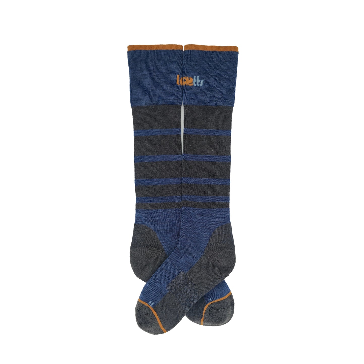 Laetts men’s ultralight ski socks shown flat, over-the-calf length, in blue and charcoal stripes with light sole cushion. Made with Merino wool and patented HygroHeat™ thermal technology for lightweight warmth and comfort inside ski boots.
