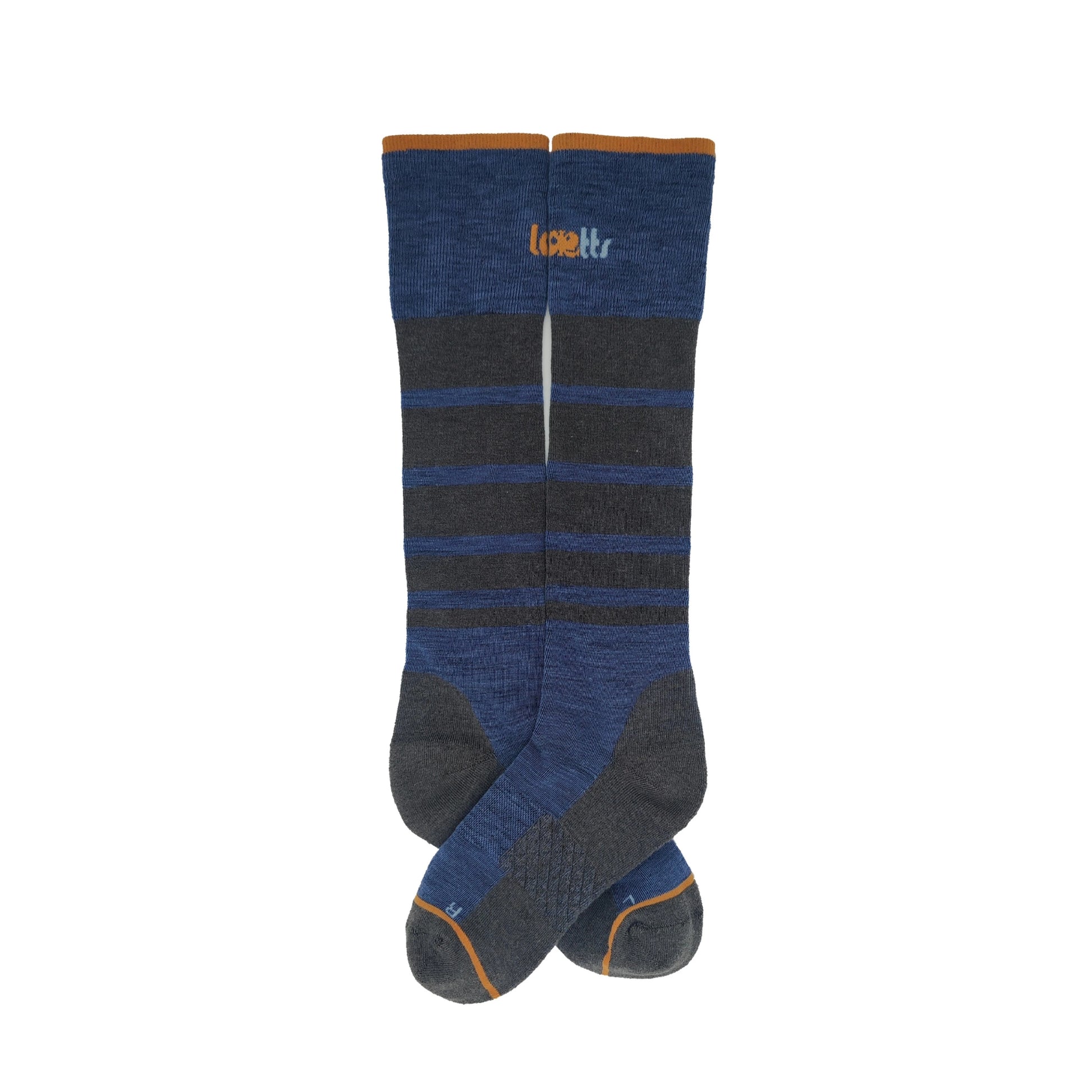 Laetts men’s ultralight ski socks shown flat, over-the-calf length, in blue and charcoal stripes with light sole cushion. Made with Merino wool and patented HygroHeat™ thermal technology for lightweight warmth and comfort inside ski boots.
