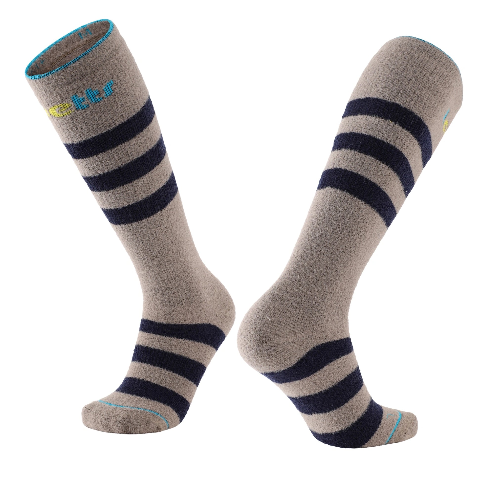 Laetts Women’s Heavy+ Outdoor Socks, over-the-calf height, shown in a 3D standing view with cream and navy stripes, featuring HygroHeat™ patented thermal technology and Merino wool blend for maximum warmth — the warmest socks in the Laetts line.