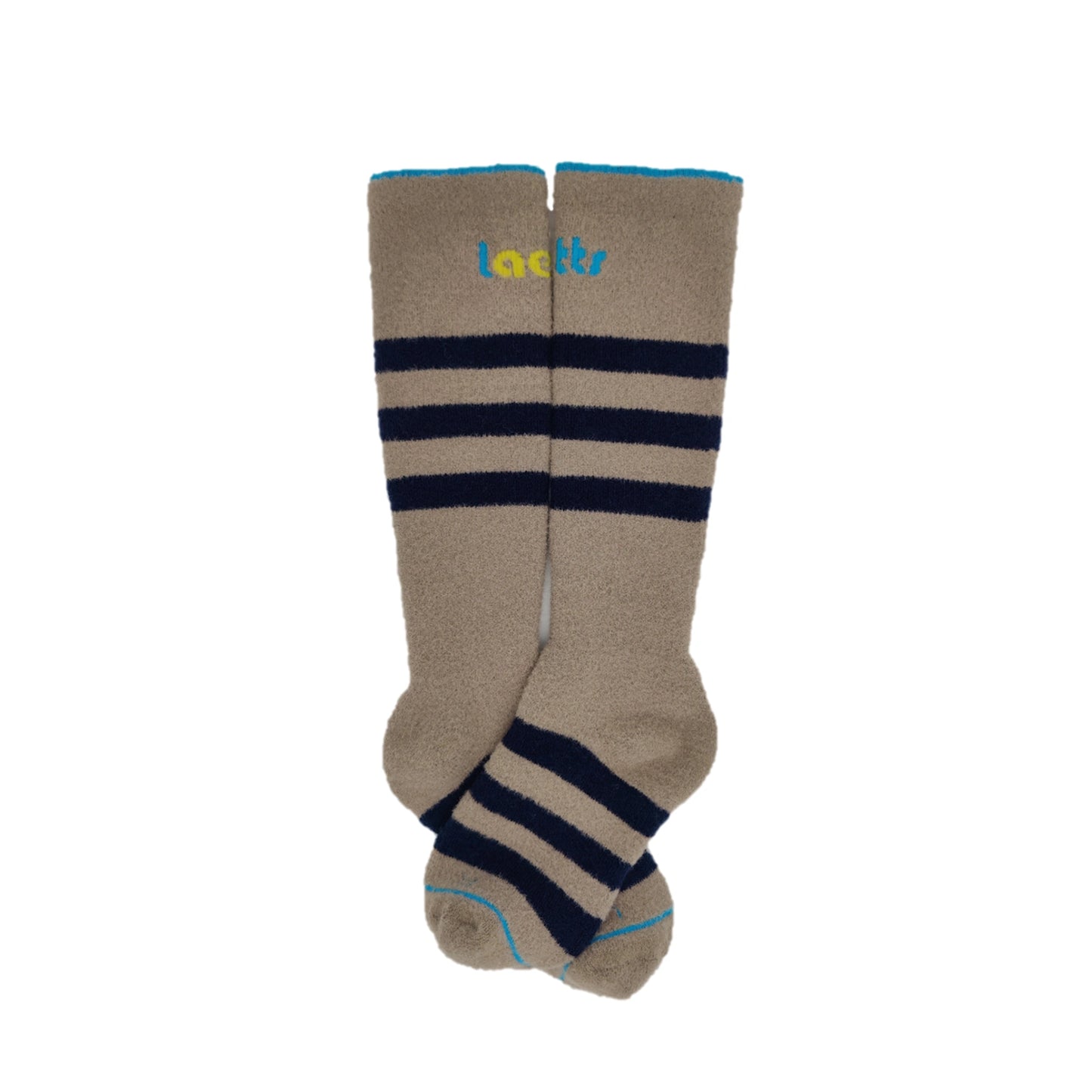 Laetts Women’s Heavy+ Outdoor Socks laid flat, cream with navy stripes, over-the-calf design featuring Merino wool blend and HygroHeat™ patented thermal technology — the warmest socks in the Laetts line.