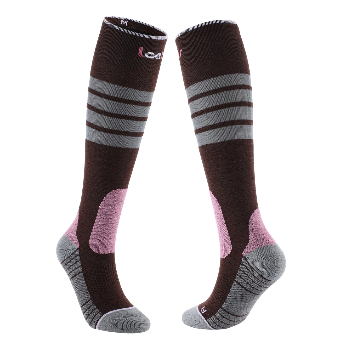 Side-by-side product view of Laetts women’s Ultralight Ski socks in OTC length, featuring patented BootGlide™ zones in violet, HygroHeat™ thermal technology, and a Merino wool blend. The socks are brown with gray stripes near the cuff, violet BootGlide™ panels around the shin and heel area, and gray heel/toe cushioning.