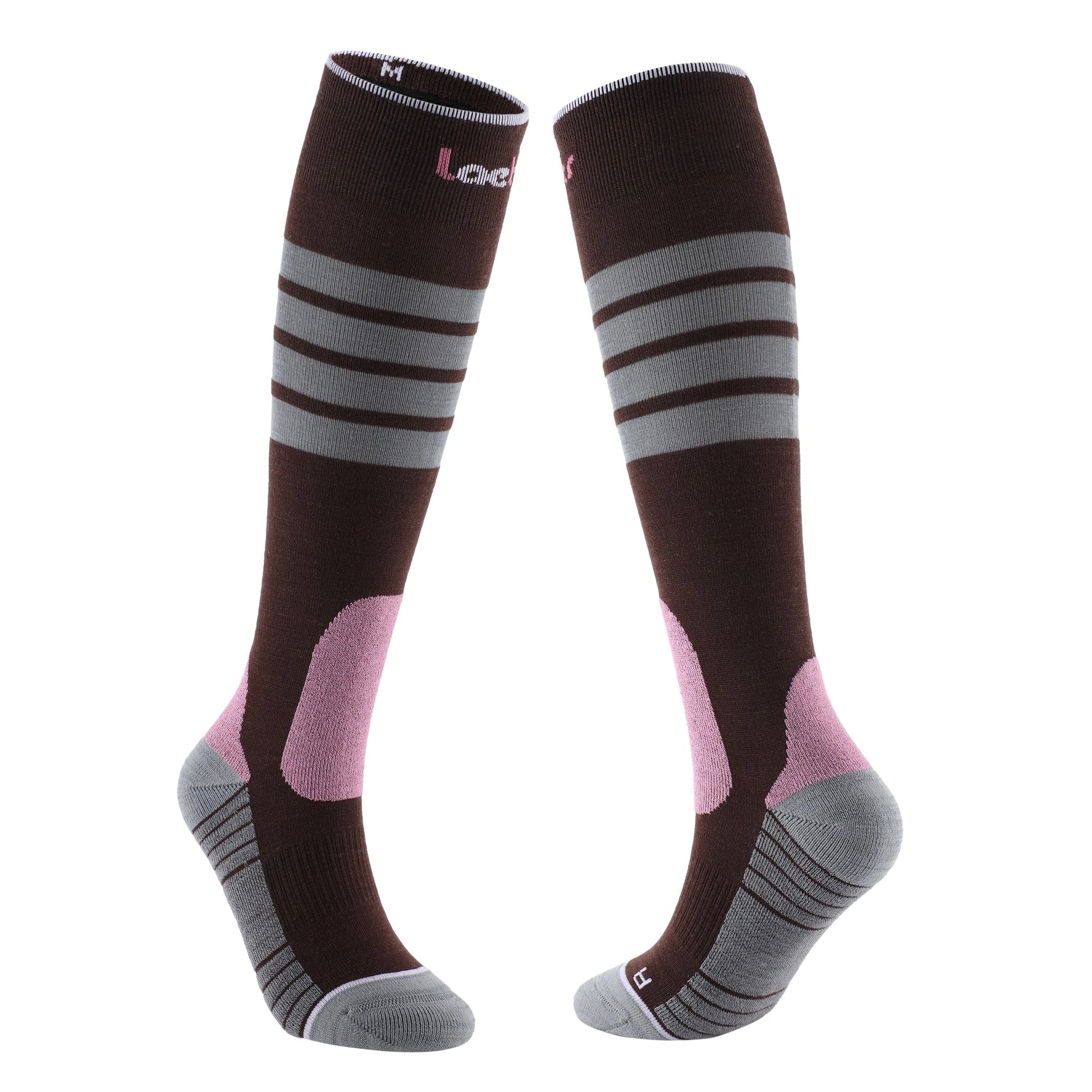 Side-by-side product view of Laetts women’s Ultralight Ski socks in OTC length, featuring patented BootGlide™ zones in violet, HygroHeat™ thermal technology, and a Merino wool blend. The socks are brown with gray stripes near the cuff, violet BootGlide™ panels around the shin and heel area, and gray heel/toe cushioning.