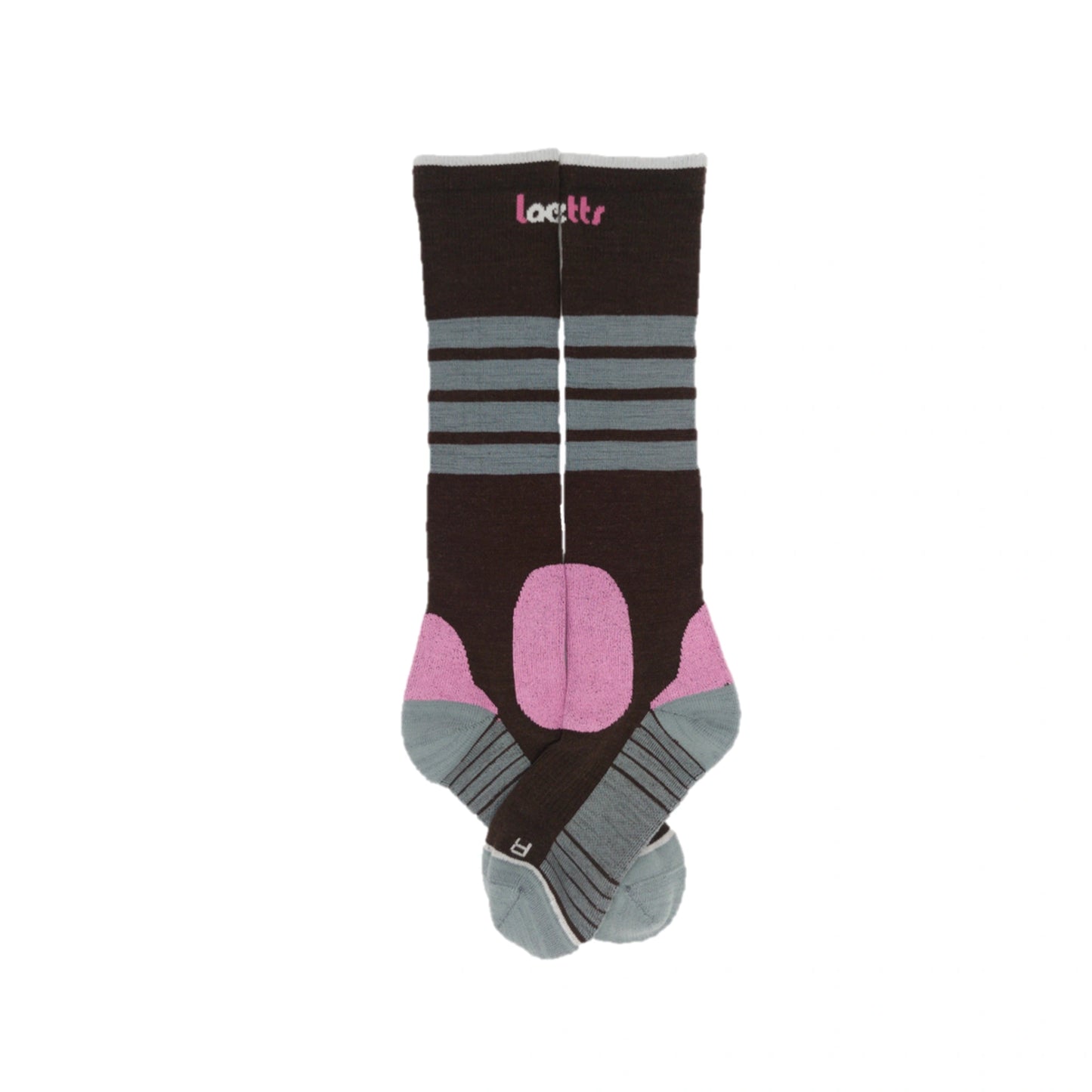 Flat lay of Laetts women’s Ultralight Ski BootGlide™ socks in brown with gray stripes and violet BootGlide™ low-friction zones. The socks are over-the-calf (OTC) length and feature patented BootGlide™ and HygroHeat™ technologies with Merino wool for warmth, comfort, and easy boot entry.